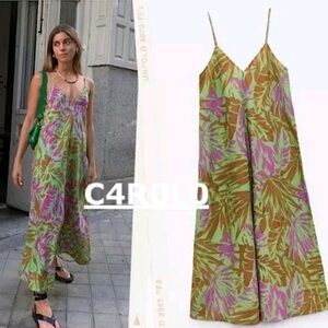 Zara PRINTED LINEN BLEND Maxi DRESS green Bloggers favorite women’s size XS